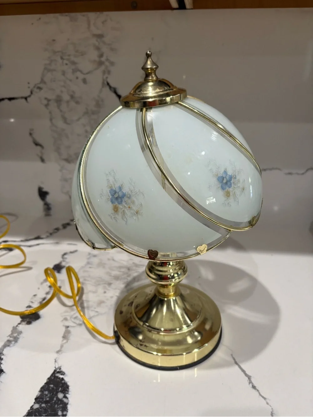 Vintage Brass Table Lamp with Cream Floral Glass Shade. Touch sensor
